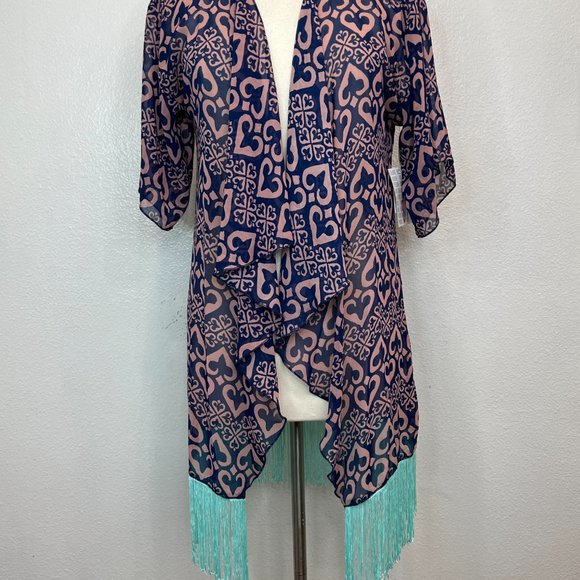 NWT LulaRoe Monroe Kimono Blueish Purple Mint Green Heart Print Size S - Picture 3 of 8